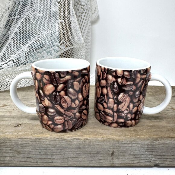 Starbucks Coffee Bean Print Ceramic Mugs 2007 Set Of 2 Demitasse - Picture 6 of 6